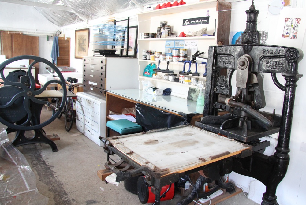 Coal Shed Press studio view with Victorian Albion press and etching press