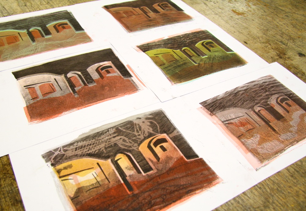 Gelli prints made using stencils and textured materials.