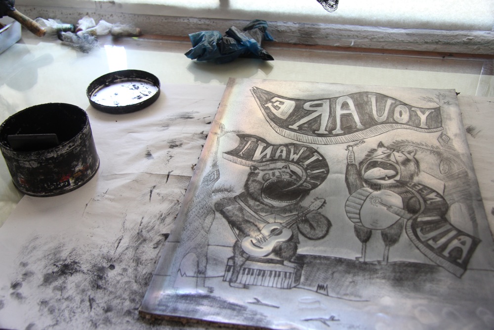 Drypoint plate, inked