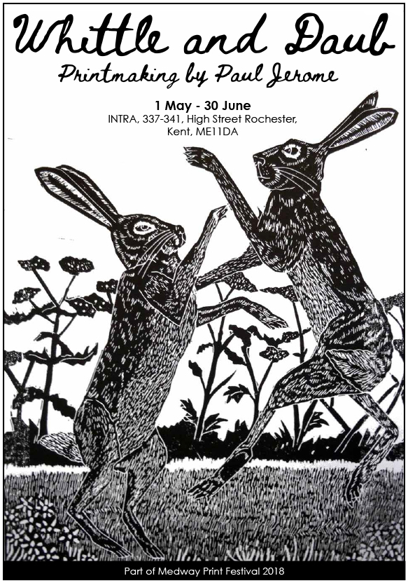 Whittle and Daub, Printmaking by Paul Jerome, hares fighting